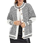 AIWUFLY Checkerboard Knit Cardigan for Women Fall 2025 Drop Shoulder Button Front Black and White Sweater with Pockets