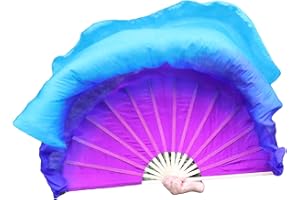 Winged Sirenny Large Single Belly Dance Silk Flutter, 45in Wide Short Silk Fan Veil Right Hand(purple/blue/turquoise)