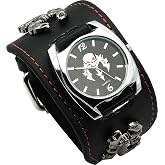 Vigorbee Punk Scorpion Skull Watch for Men Women Black Wide Leather Cuff Band Watch Cool Style Wrist Watches,Rock Locomotive