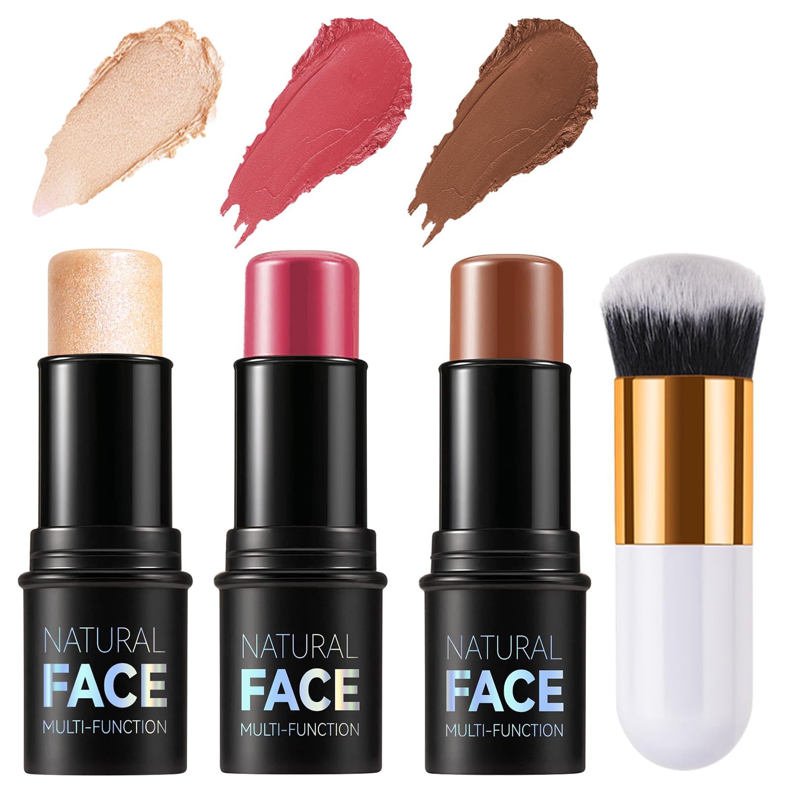 3 Pack Contour Highlighter Blush Sticks with Brush, Cream Bronzer Contour Stick Kit for Cheeks Eyes Lips, Long Lasting Waterproof Smooth Multi Stick Face Makeup Set for All Skin Type (Set D)