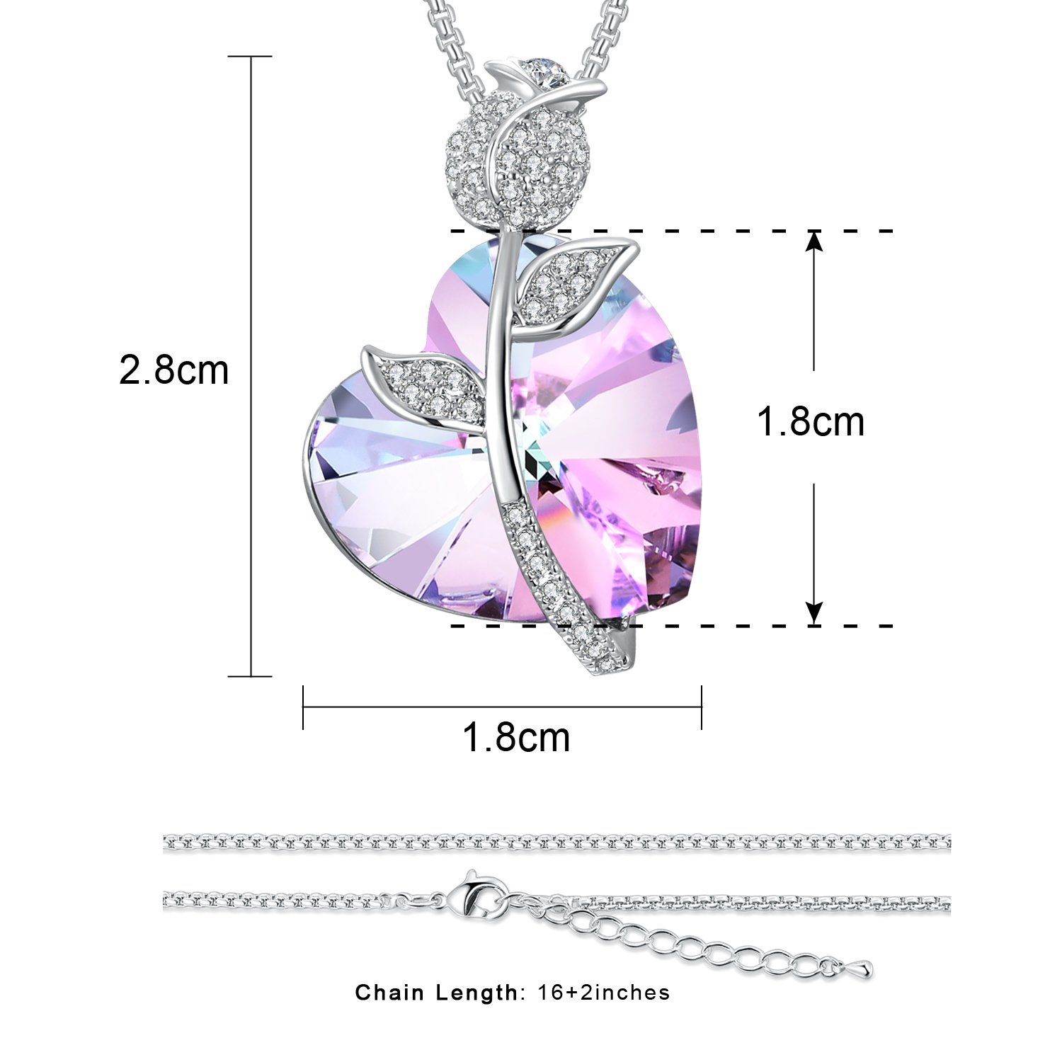 Swarovski Element Necklace Color Changing Crystal Rose Love Pendant Necklace for Women, Birthday Birthstone Jewelry Gifts for Girl, Amethyst Purple Pink, 18\