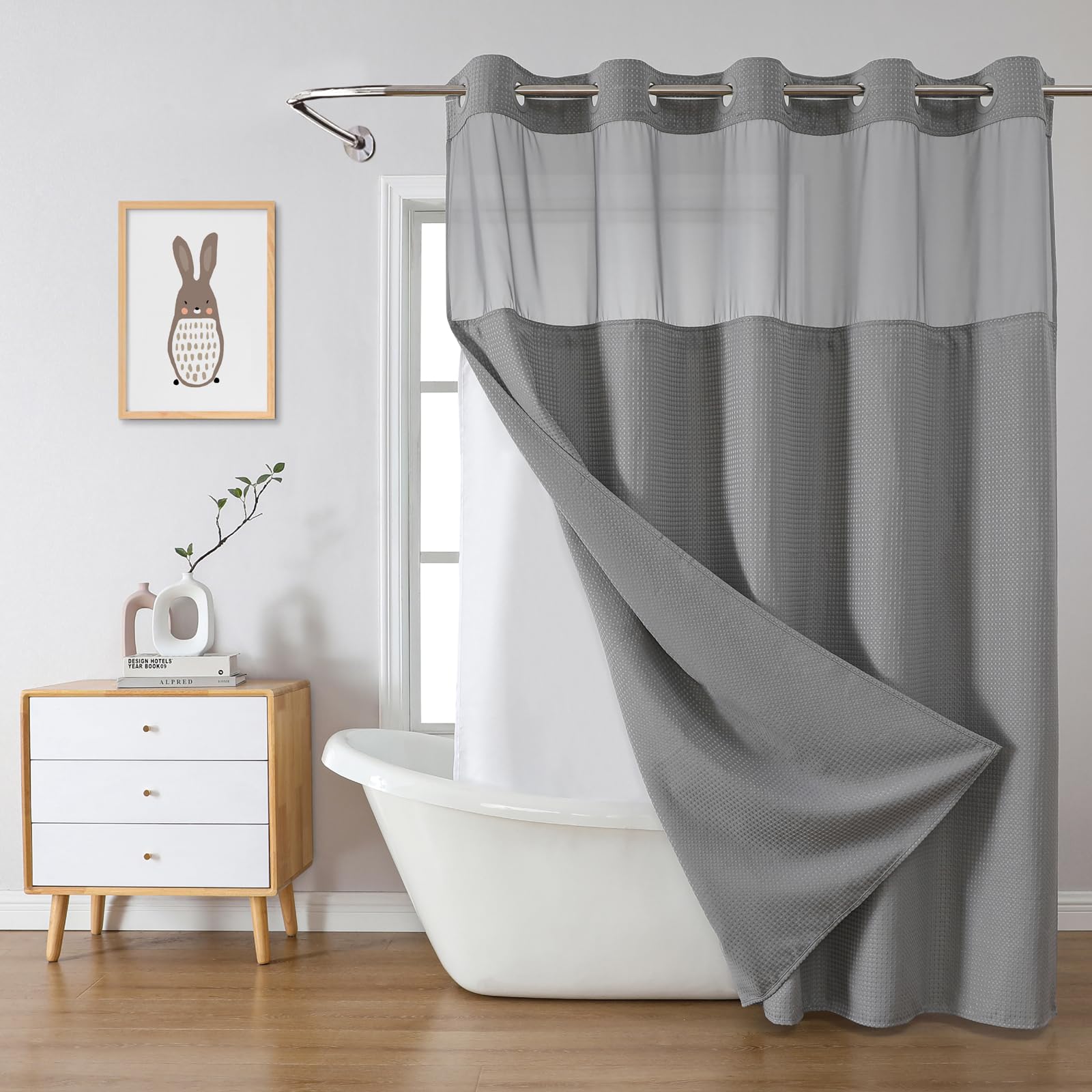 Photo 1 of eachope Grey No Hook Waffle Weave Shower Curtain with snap-in Liner Replacement, 230GSM Waterproof Fabric Hotel Shower Curtain Set for Bathroom, Through Mesh Top Window,71Wx74H