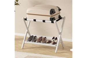 Forevich Luggage Rack Bamboo Folding Suitcase Stand with storage shelf for guest room Living Room Hotel Essentials Heavy-Duty Luggage Holder for suitcases bags shoes White