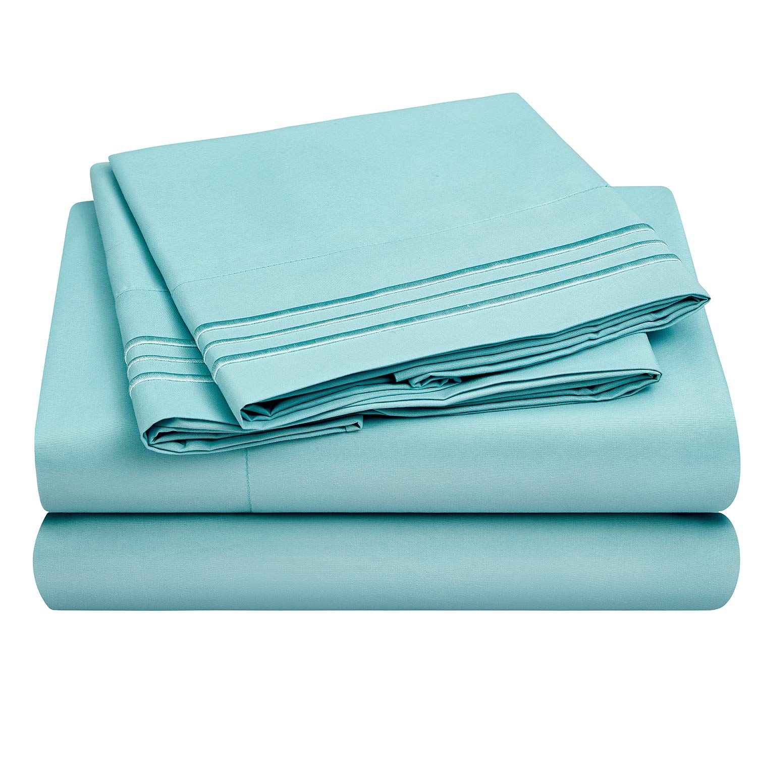 HOMEIDEAS King Bed Sheets 4 Piece 3-Line Embossed Spa Blue Sheets Set Extra Soft Brushed Microfiber 1800 Sheets Deep Pocket, Wrinkle & Fade Free