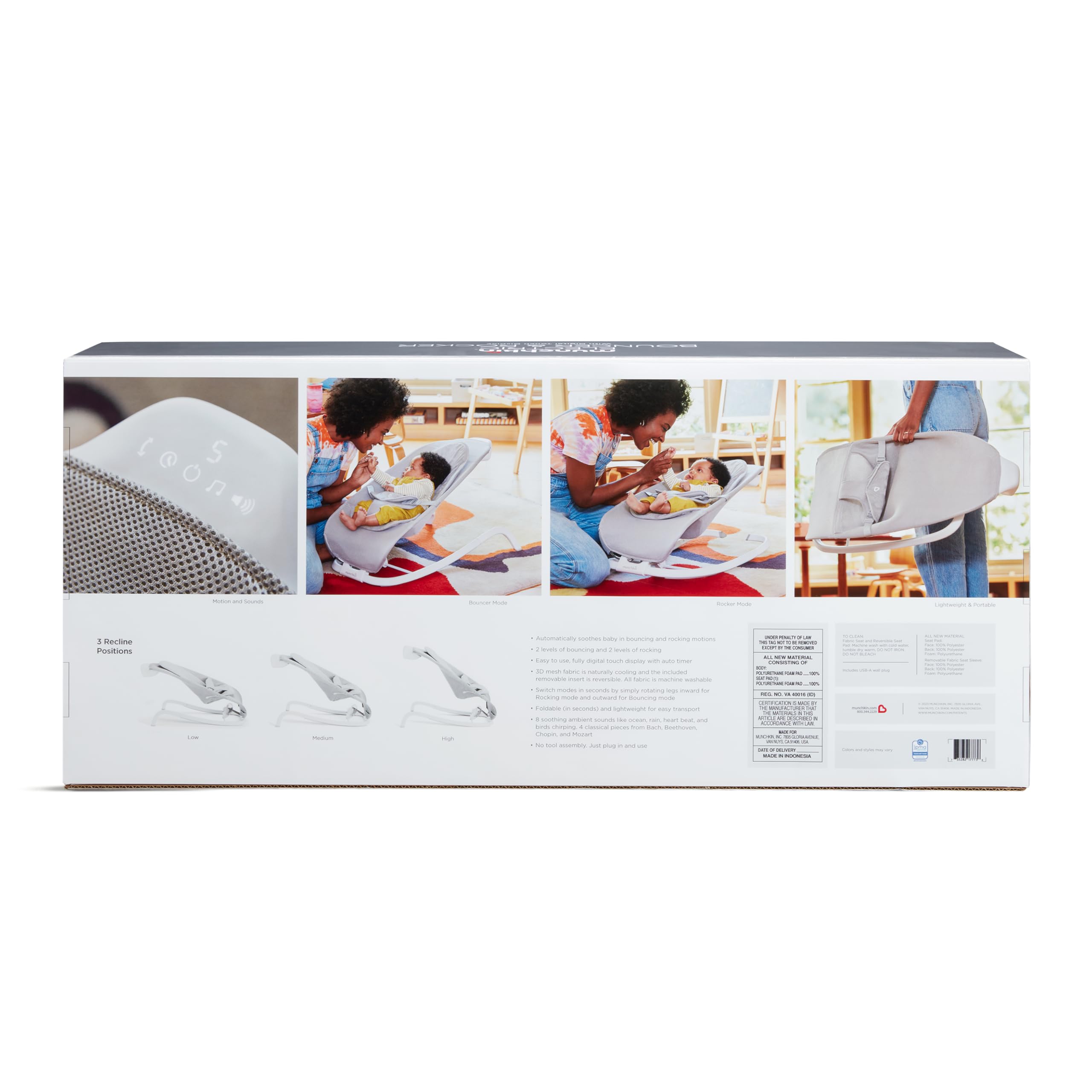 Munchkin® Electric Baby Bouncer & Rocker with Digital Touch Display, Soothing Sounds & 3 Recline Positions - Automatic Bouncing & Rocking, Grey