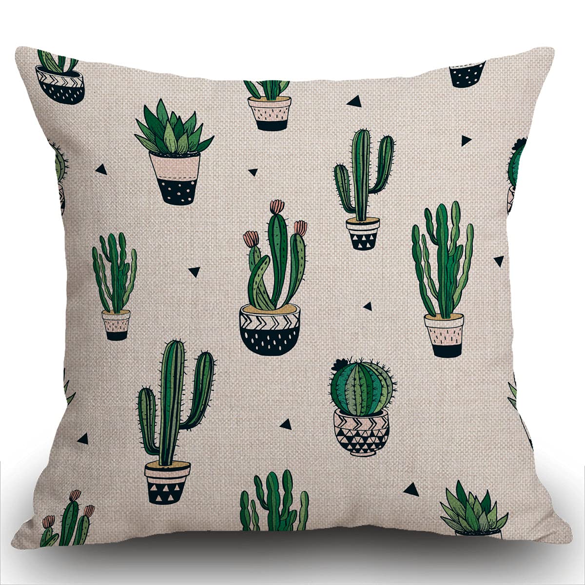 Smooffly Cacti Cushion Cover Decorative Pattern with Cactus and Succulents Flowerpot Trendy Design Square Pillow Case Throw Pillow Cover for Home Car Kitchen Decorative Cotton Linen 18x18 Inch 45x45cm