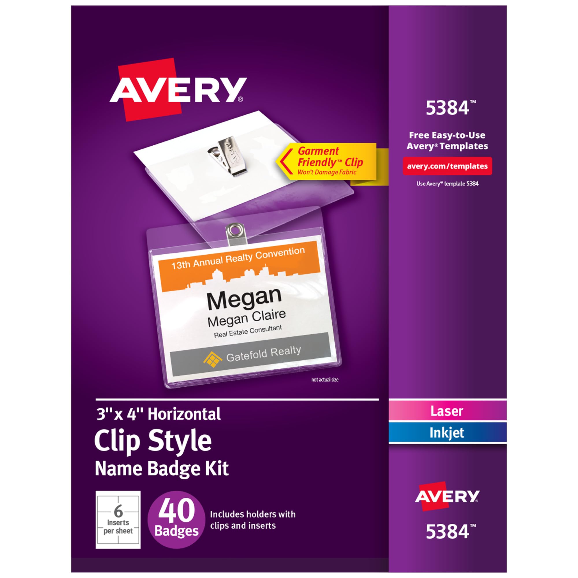 Avery Customizable Name Badges with Clips, 3" x 4", Clear Name Tag Holders with White Printable Inserts, 40 Clip Style Name Badges (5384) — image 1