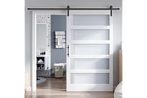 ROYMELO 48x84 Inch Glass Sliding Barn Door Slab and 8ft Hardware Kit Included, 5 Frosted Glass, LVL Wood Panel Covered with White Water-Proof Scratch-Proof PVC Surface, Simple DIY Assembly