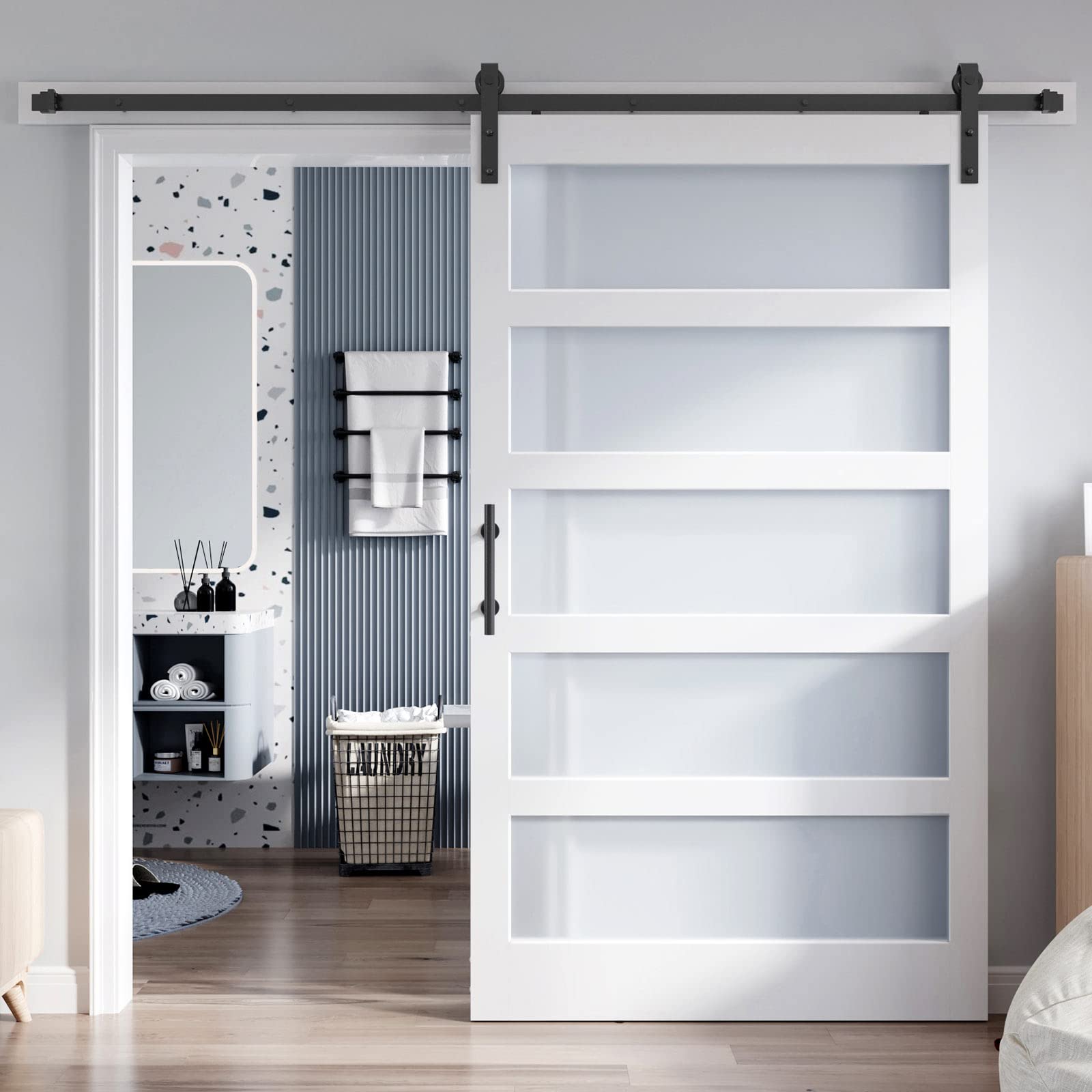 Photo 1 of ROYMELO 48x84 Inch Glass Sliding Barn Door Slab and 8ft Hardware Kit Included, 5 Frosted Glass, LVL Wood Panel Covered with White Water-Proof Scratch-Proof PVC Surface, Simple DIY Assembly