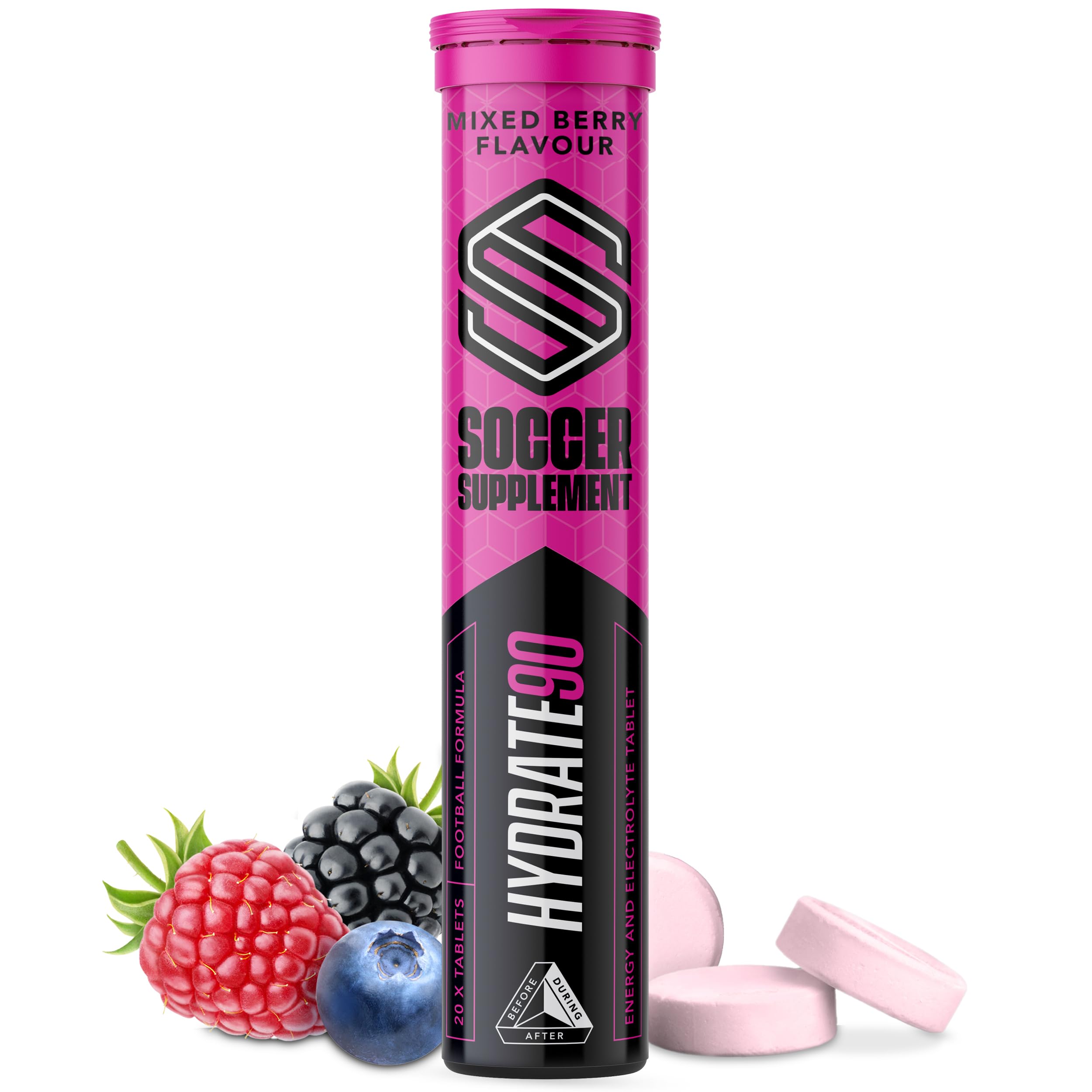 Soccer Supplement Hydrate90 Effervescent Tablets (20 Servings), Sugar Free Electrolytes Tablets with Vitamins & Magnesium for Hydration, Mixed Berry