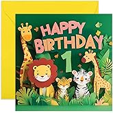 1st Birthday Cards for Boys and Girls - Safari Jungle Themed Animal Birthday Cards for 1 Year Old - Happy Birthday Gifts for Son Daughter Grandson Granddaughter Niece Nephew