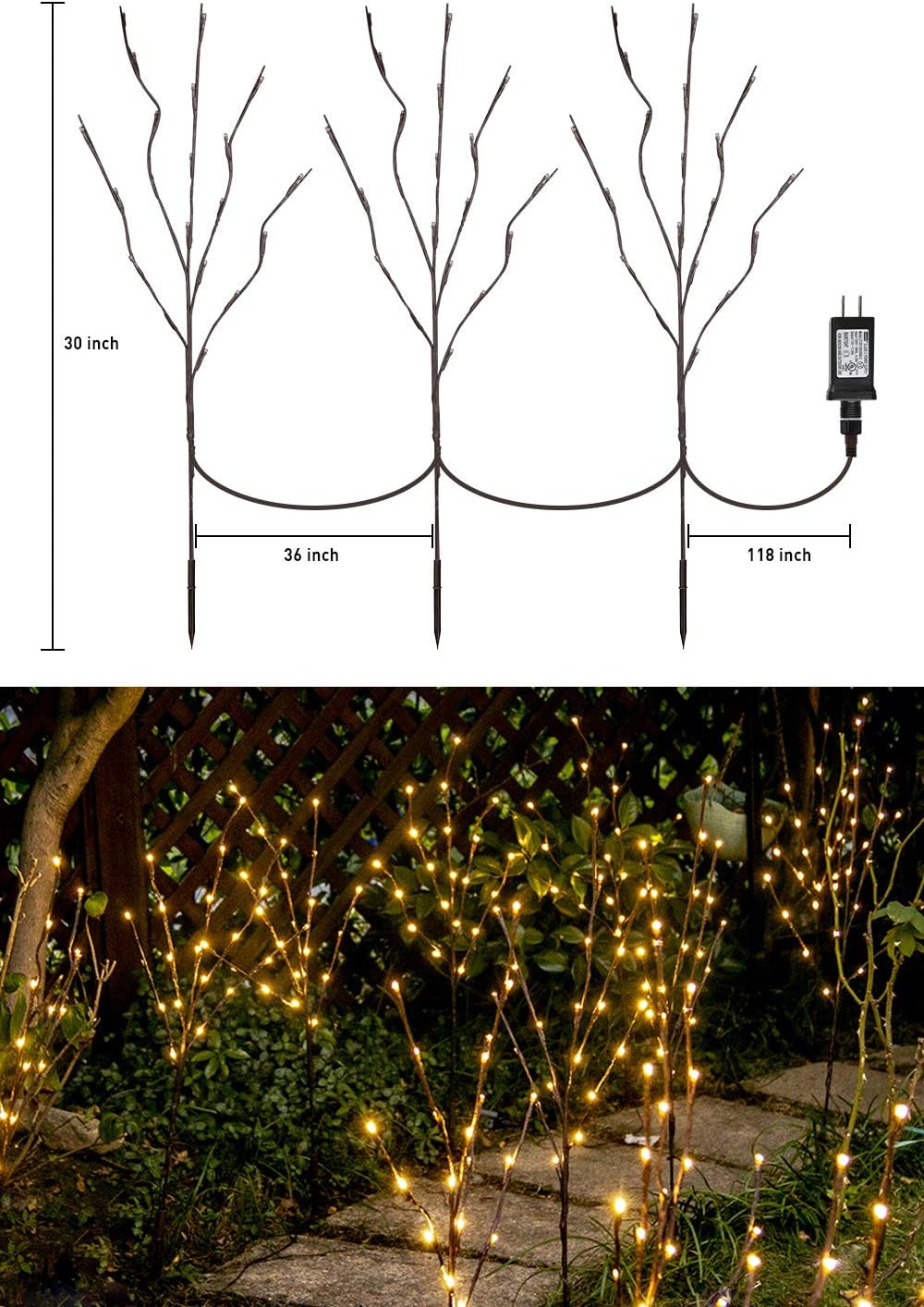 EAMBRITE 3PK 30" Brown Wrapped Lighted Twig Stake with 60LT Warm White LED Bulbs for Outdoor and Indoor use(Vase Excluded): Home Improvement