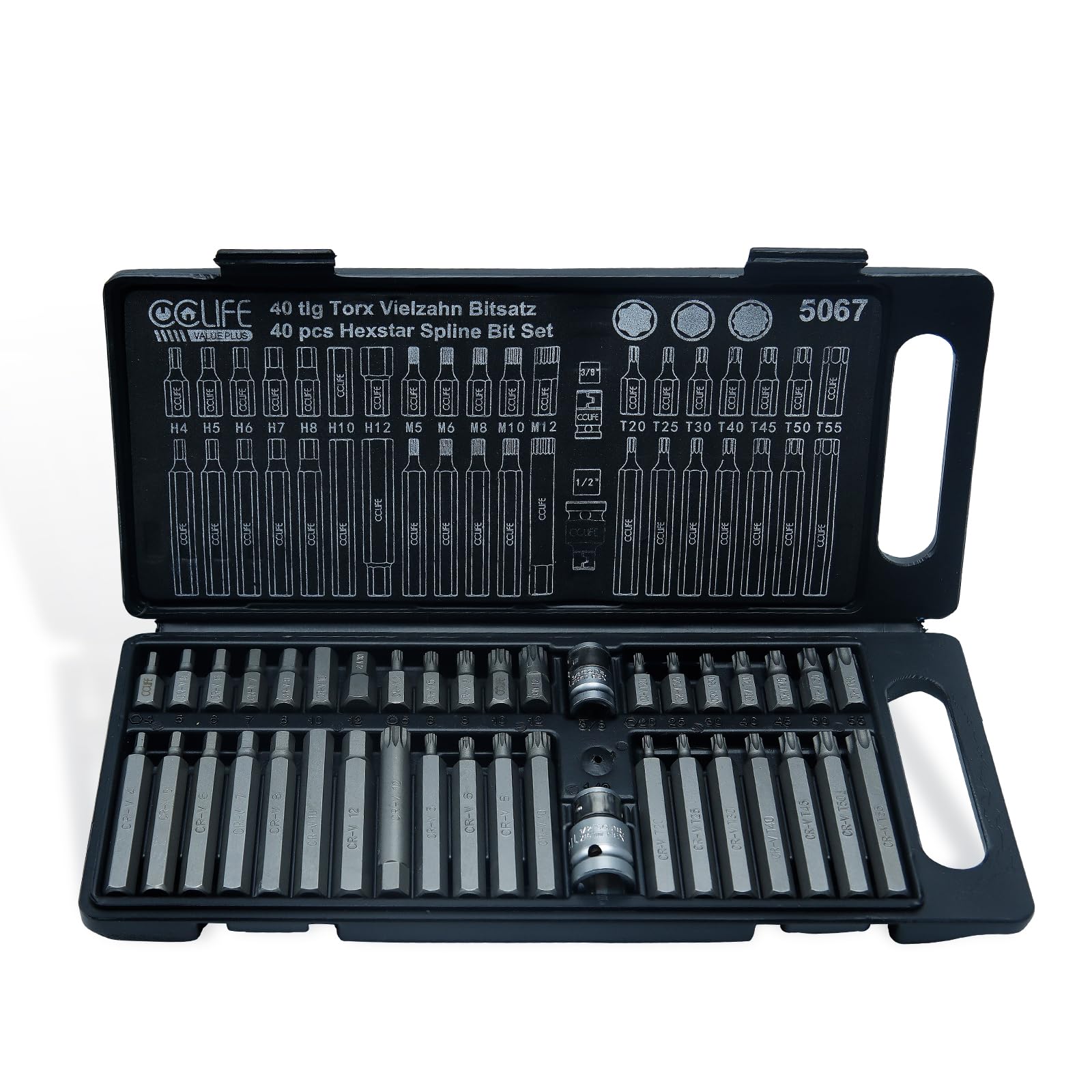 CCLIFE 40 x Torx Bits CRV Socket, XZN M5-M12, Hex H4-H12, Spline T20-T55, with 1/2" and 3/8" Adapters