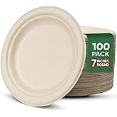 TaidMiao 7 Inch Paper Plates 100 Pack - 100% Compostable Disposable Plates, Heavy Duty Dessert Plates, Biodegradable Sugarcane Plates for Party (Microwavable, Oil/Water Proof, Eco-Friendly, Brown)