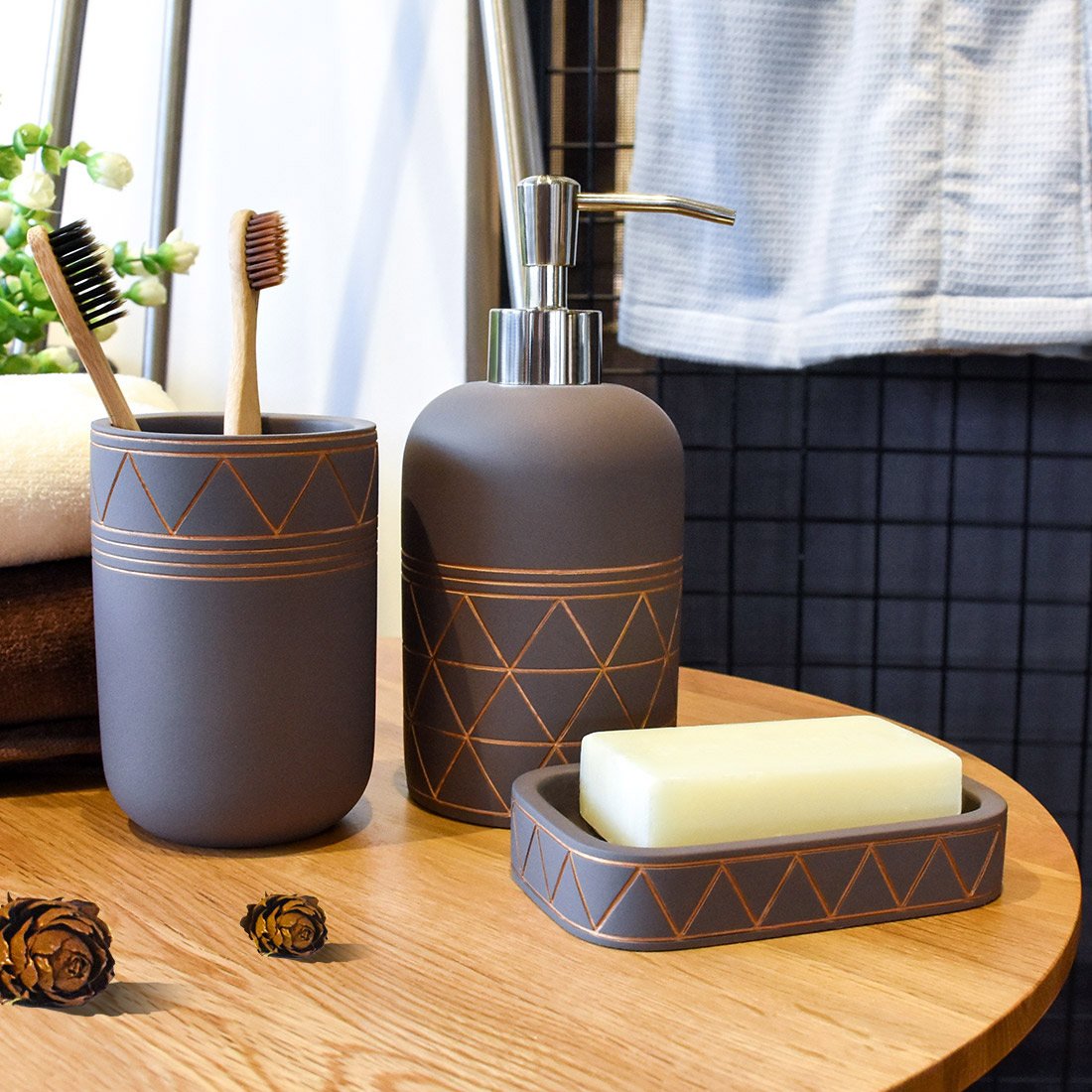 Satu Brown Bathroom Set Bathroom Accessories 3 Pieces Bathroom Soap Dispenser