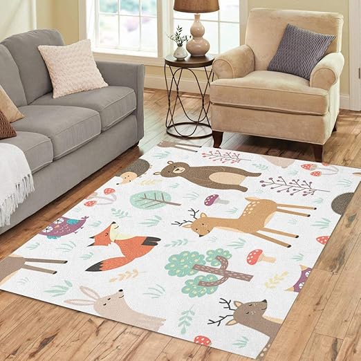 Pinbeam Area Rug Forest Cute Animals Fox Deer Bear Rabbit Hedgehog Home Decor Floor Rug 3 X 5 Carpet