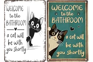 2Pcs Vintage Cat Bathroom Decor Signs - "Welcome To The Bathroom A Cat Will Be With You Shortly", Funny Black & White Cat Bat