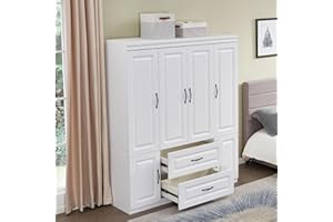 Sophshelter Armoire Wardrobe Closet Cabinet Wood: 4 Door Two Drawers White Cabinet Closet with High Storage Capacity with 2 Shelves and Hanging Rod Cabinet Closet Wardrobe 63" L x 20.3" W x 78.7" H
