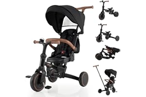 INFANS 9-in-1 Foldable Toddlers Tricycle, Converts Stroller to Balance Bike with Adjustable Push Handle, Canopy & Backrest, P