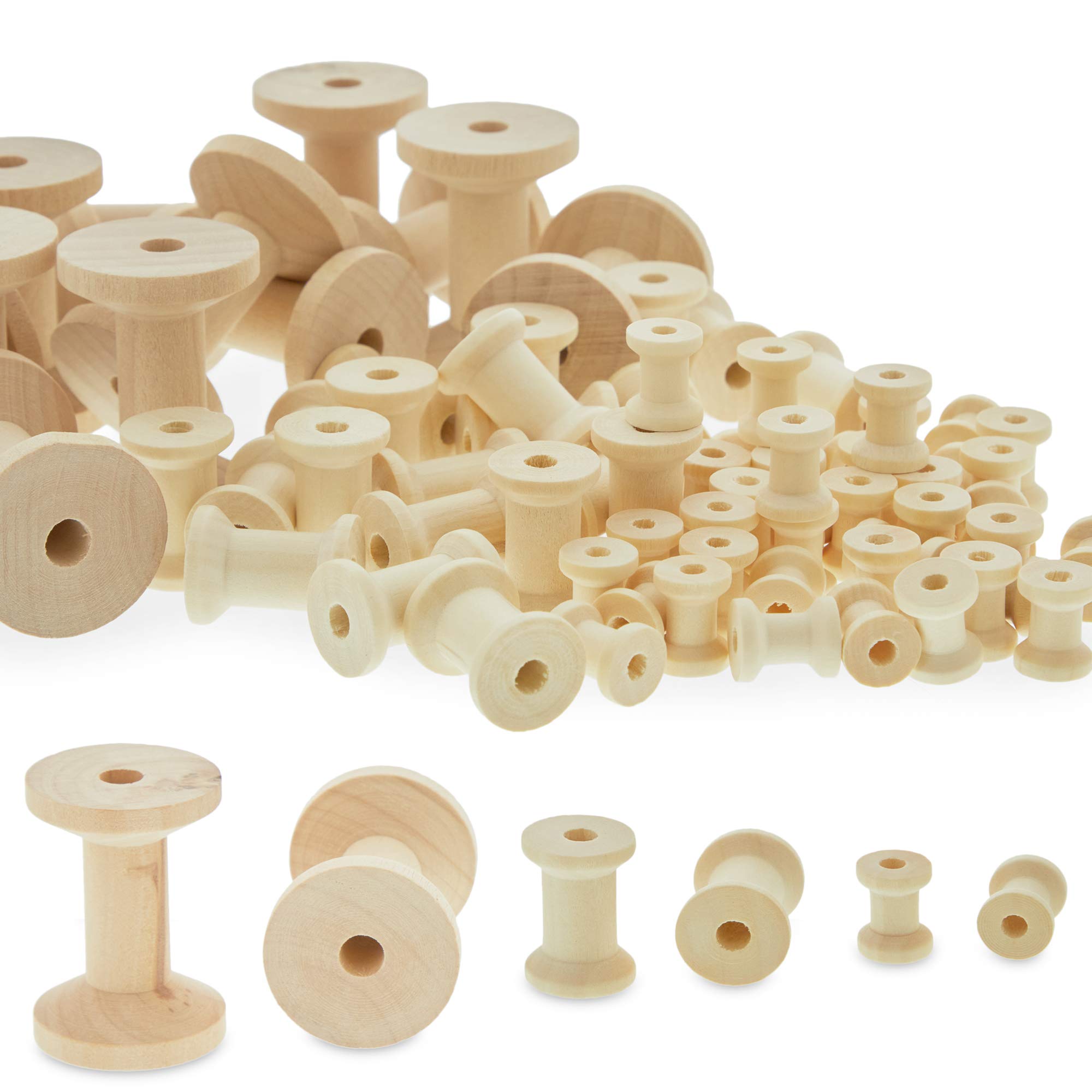 Okuna OutpostUnfinished Wood Spools for Crafting & Sewing - 140-Pack Assorted Sizes (0.5", 0.8", 1.4") - Natural Wood - Dyeable & Customizable Thread Spools - Smooth Splinter-Free Finish