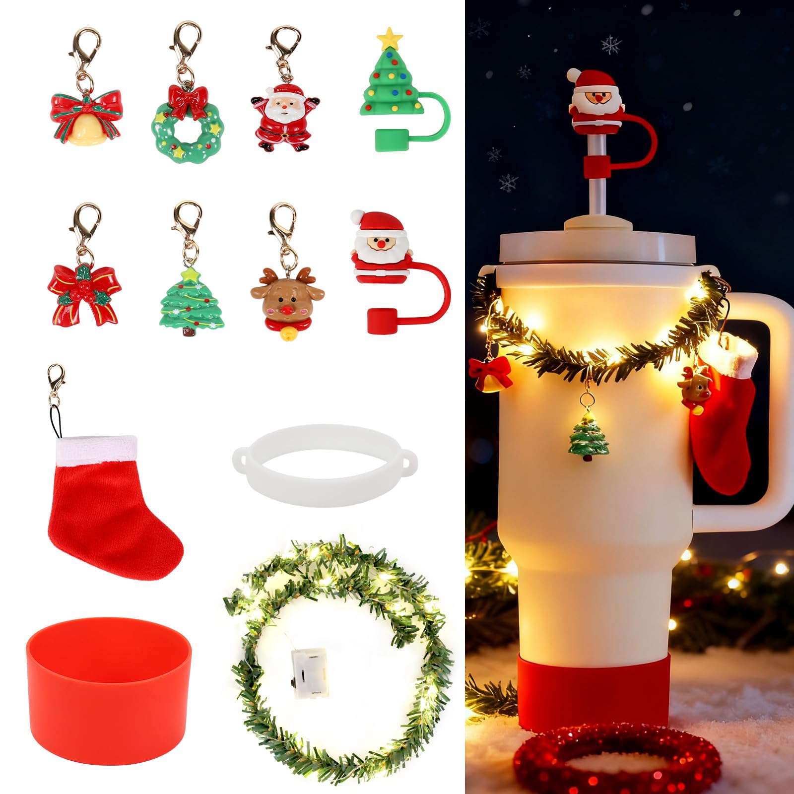 Photo 1 of 3tyto 12Pcs Christmas Stanley Cup Accessories Set Including Light Up Christmas Garland, Straw Toppers, Silicone Boot, Water Bottle Charm for Stanley Tumbler 40oz&30oz