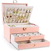 Unimoly 3-Layer Jewelry Box for Women, Jewelry Organizers and Storage with Removable Jewelry Tray, Vintage Quilted Top Lockable Jewelry Holder Gift Idea Pink