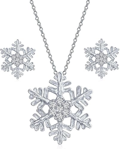 Amazon ホリデーパーティーフラワークリスマス冷凍冬立方ジルコニアアクセントczブランチスノーフレークペンダントミクロパヴェクリアczネックレスイヤリングセット925スターリングシルバー ネックレス 通販