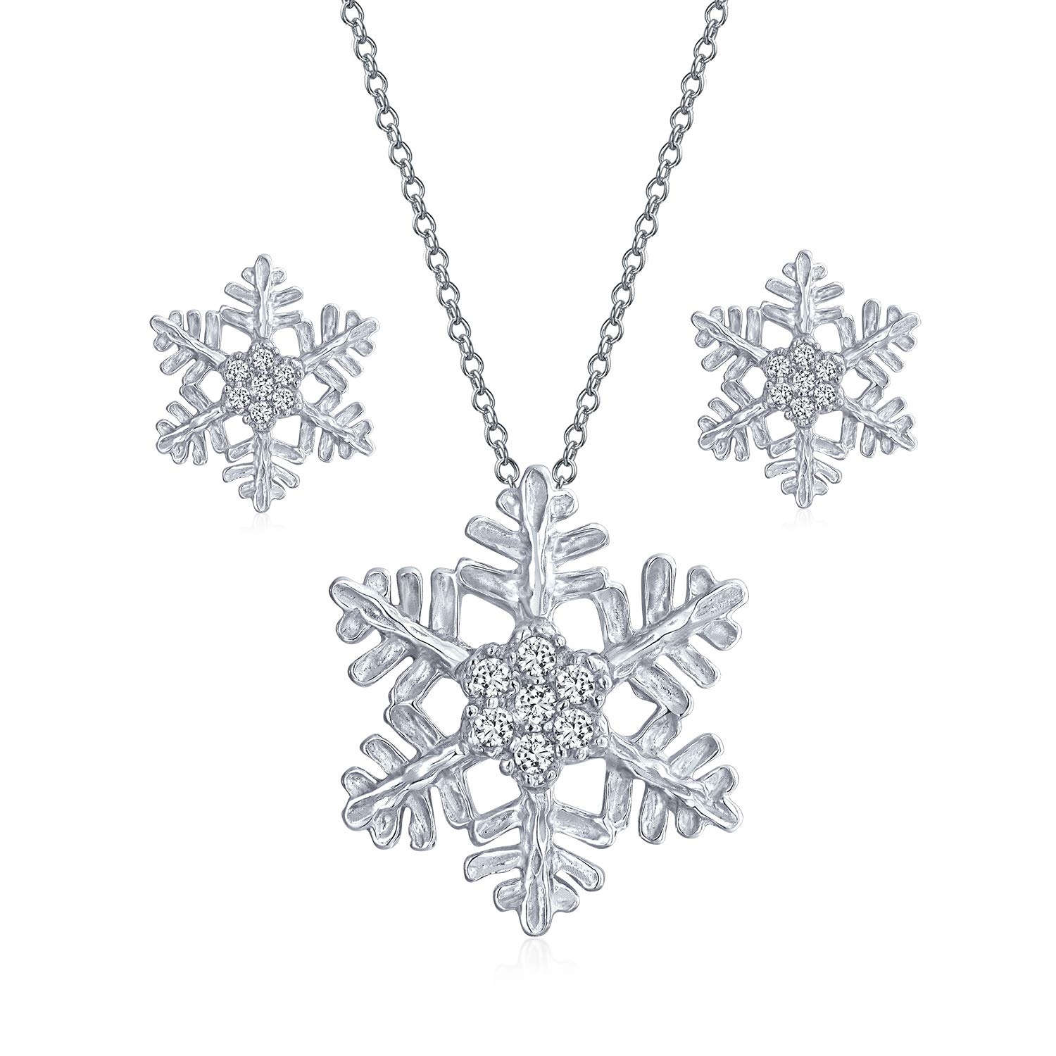 Holiday Party Winter Flower Christmas Jewelry Set CZ Accent Branch Snowflake Pendant Necklace Stud Earring For Women Teens .925 Sterling Silver