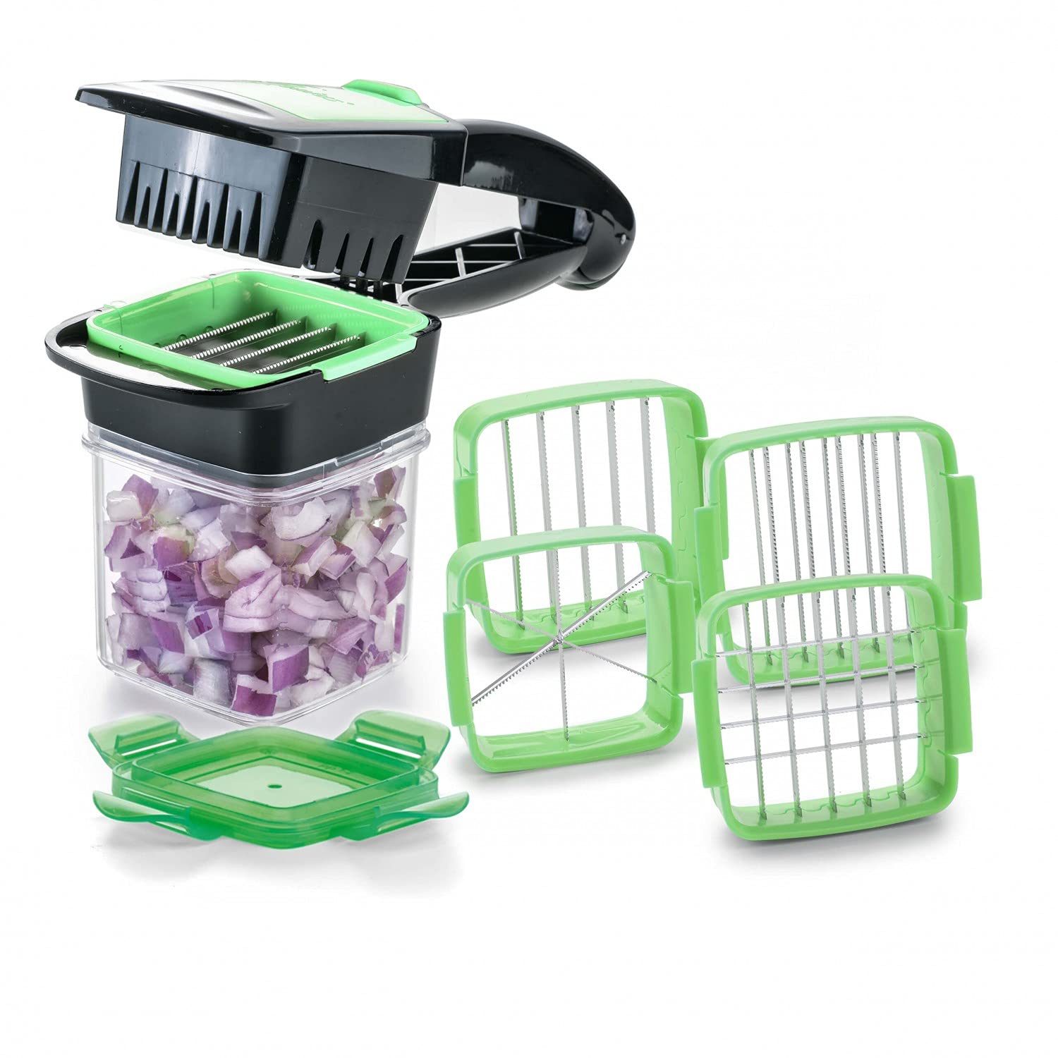 Genius Nicer Dicer Quick Chopper for Fruit and Vegetables, 5 in 1 Multi Cutter with Interchangeable Blade Inserts, 30 Cubes or 10 Slices with One Click (Green), Stainless Steel, 8 x 12 x 21