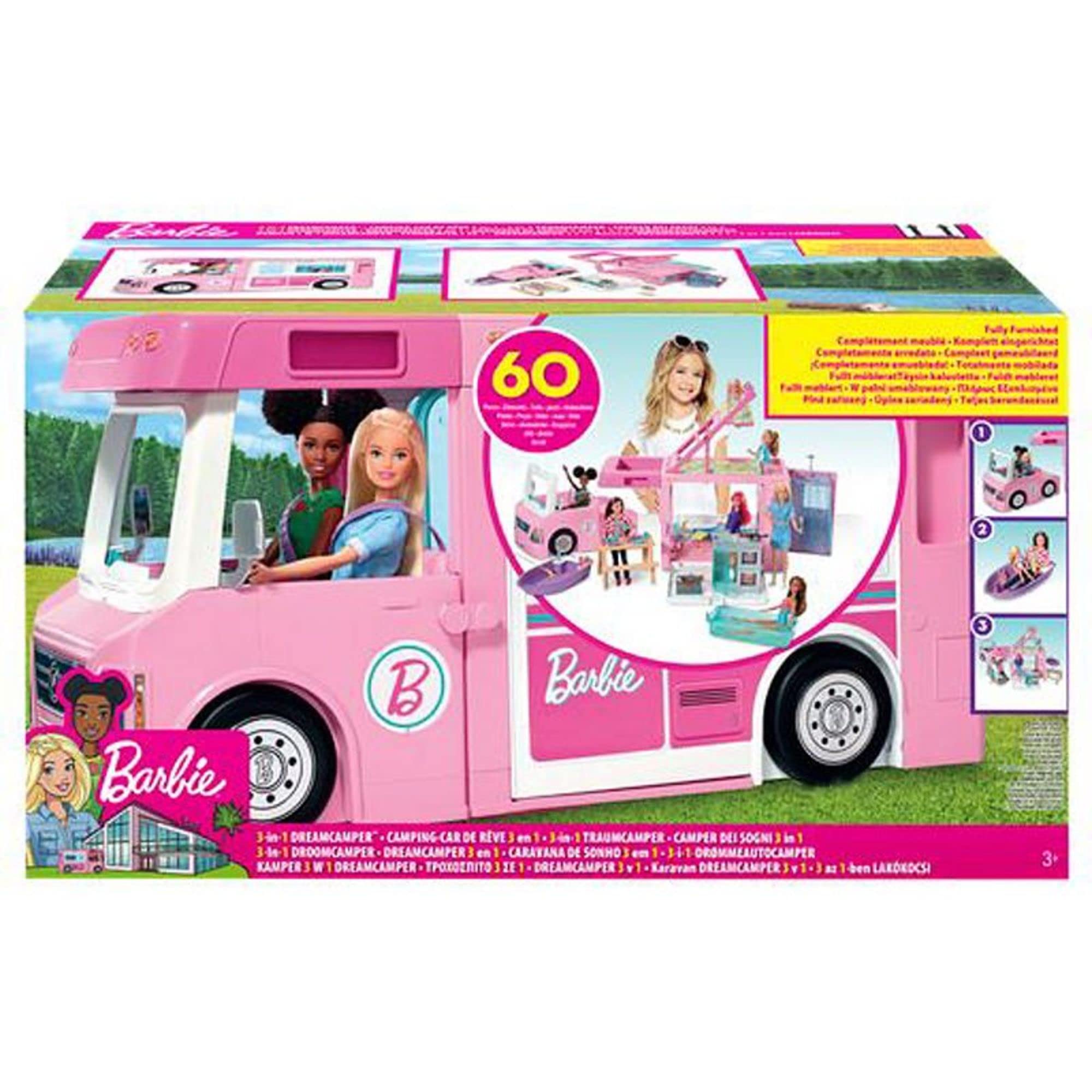 Barbie Camper, Doll Playset with 50 Accessories, Transforms into Truck, Boat & House, Includes Pool, 3-in-1 Dream Camper, GHL93