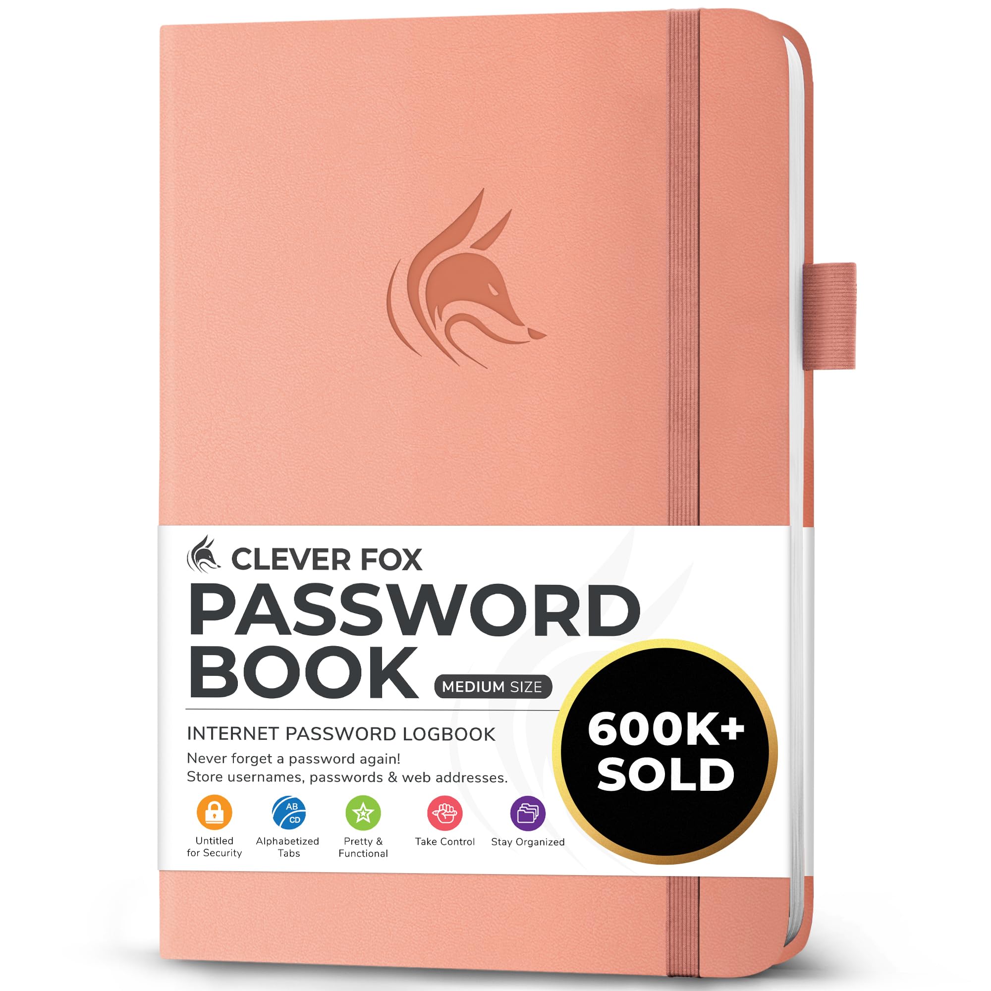 Clever Fox Password Book with alphabetical tabs. Internet Address Organizer Logbook. Medium Password Keeper for Website Logins (Peach Pink)