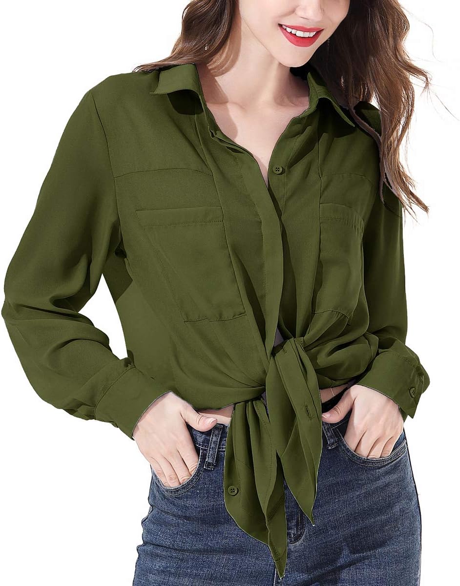 OMSJ Women Button Down Shirts Long Sleeve Chiffon Office V Neck Casual Business Blouses Tops