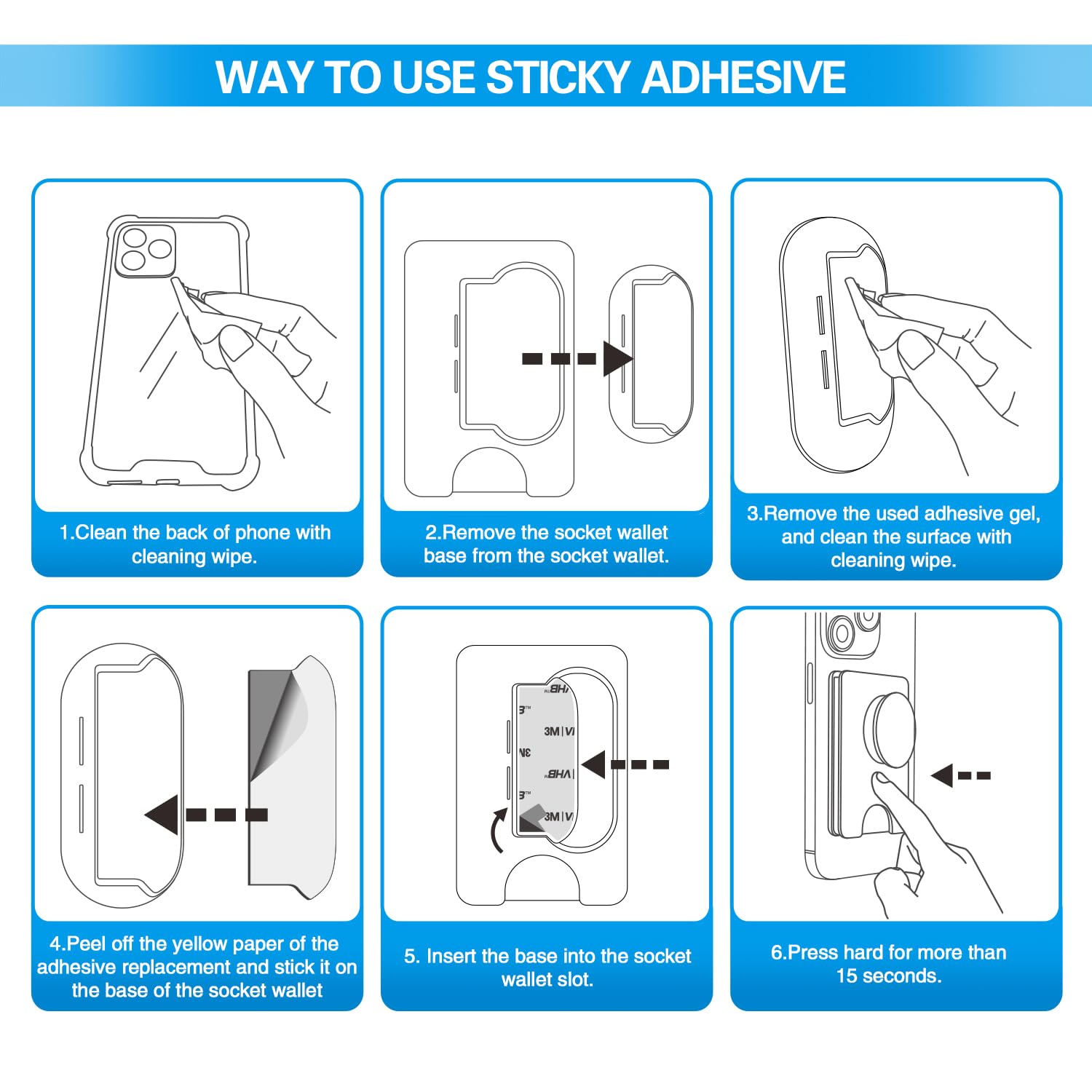 pop-tech 3M Sticky Pads Replacement for Socket Wallet Base,6pcs 3M VHB Double Sided Mounting Tape for PopWallet Grip, Adhesive Sticker for Socket Card Holder iPhone, Phone Wallet & Wallet Socket
