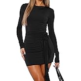 GOKATOSAU Women's Long Sleeve Crew Neck Bodycon Ruched 3D Flower Decor Mini Party Dress
