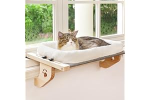 AMOSIJOY Cat Sill Window Perch Sturdy Cat Hammock Window Seat with Cushion Bed Cover, Wood & Metal Frame for Large Cats, Easy