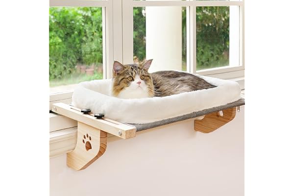 AMOSIJOY Cat Sill Window Perch Sturdy Hammock Seat with Cushion Bed Cover, Wood & Metal Frame for Large Cats, Easy to Adjust