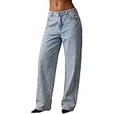 WDIRARA Women's Low Rise Straight Leg Jeans Baggy Denim Pants Streetwear