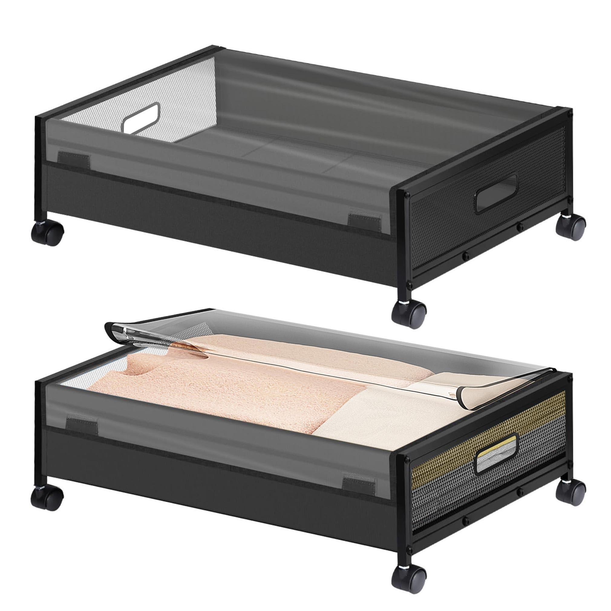 2 Pack Under Bed Storage on Wheels, 50L Underbed Rolling Metal Containers Boxes, Clear PVC Lid Underbed Clothes Storage with Handle, Under-bed Drawer Organizer for Shoes Toys Blankets