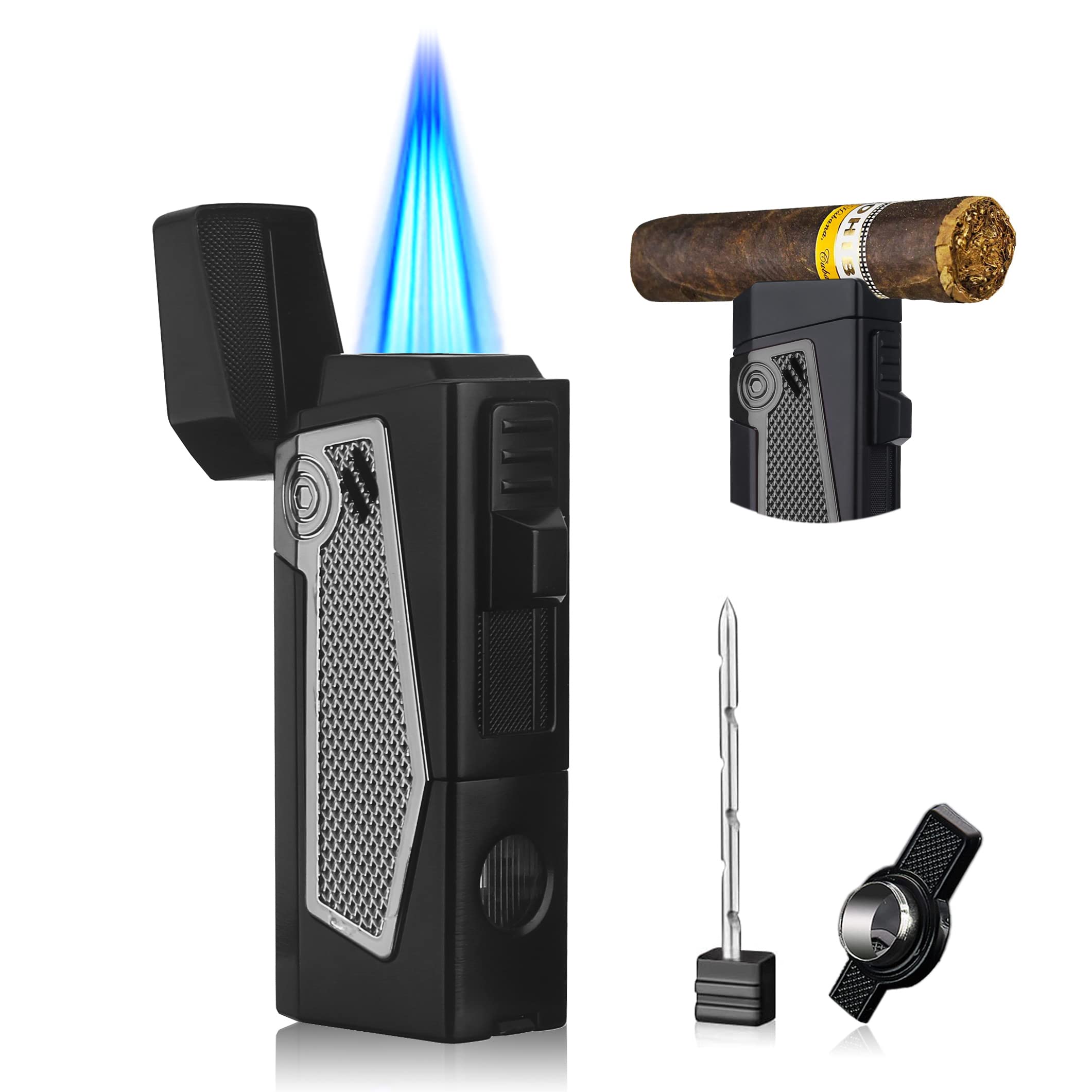 PROMISE Cigar Torch Lighters Quadruple 4 Jet Flame Refillable Butane Gadgets For Men Gift Ideas (Black)