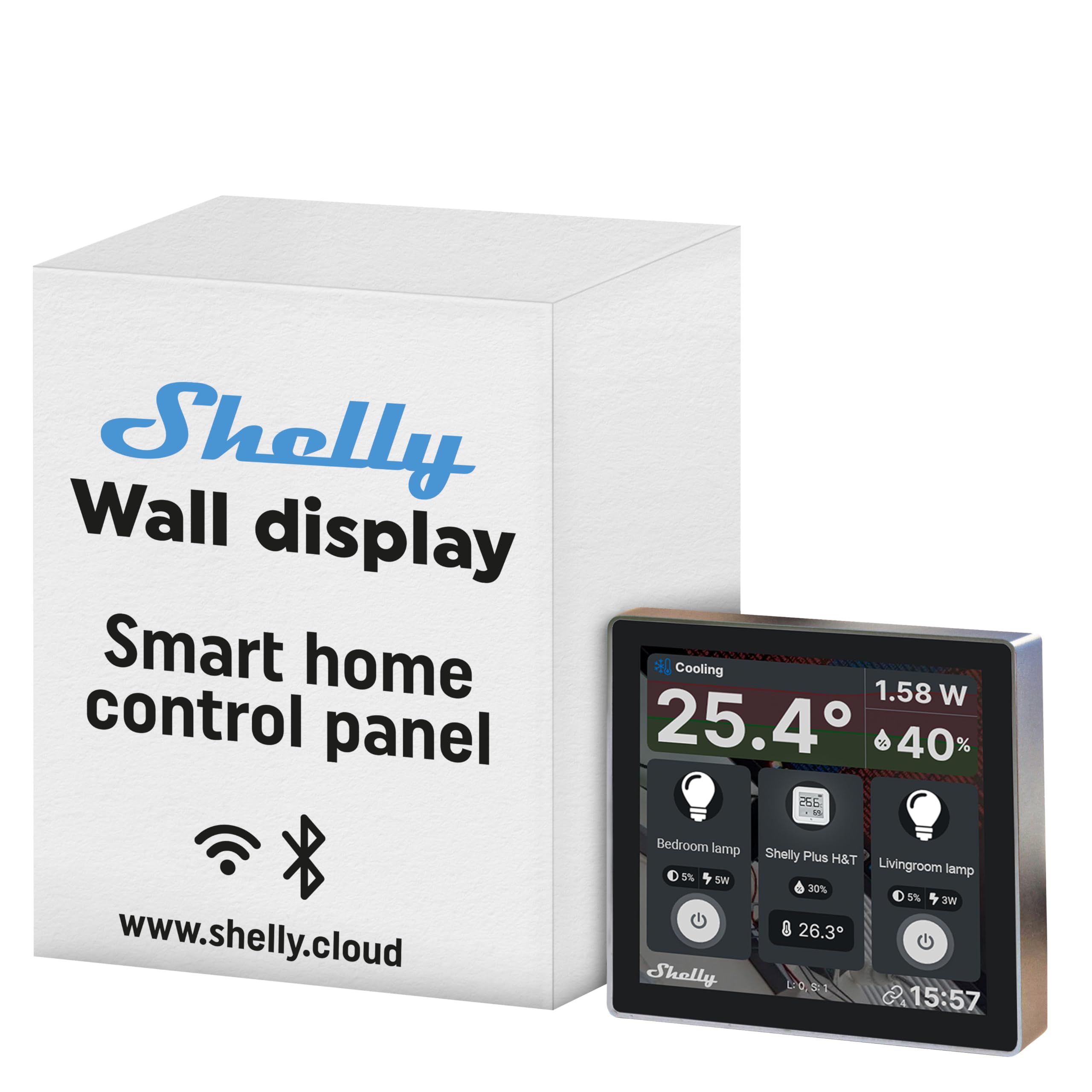 Shelly Wall Display Black - Wi-Fi & Bluetooth Smart Home Control Panel with Integrated 5A Switch, Colour Display, Home Automation, iOS Android App, Lux Sensors