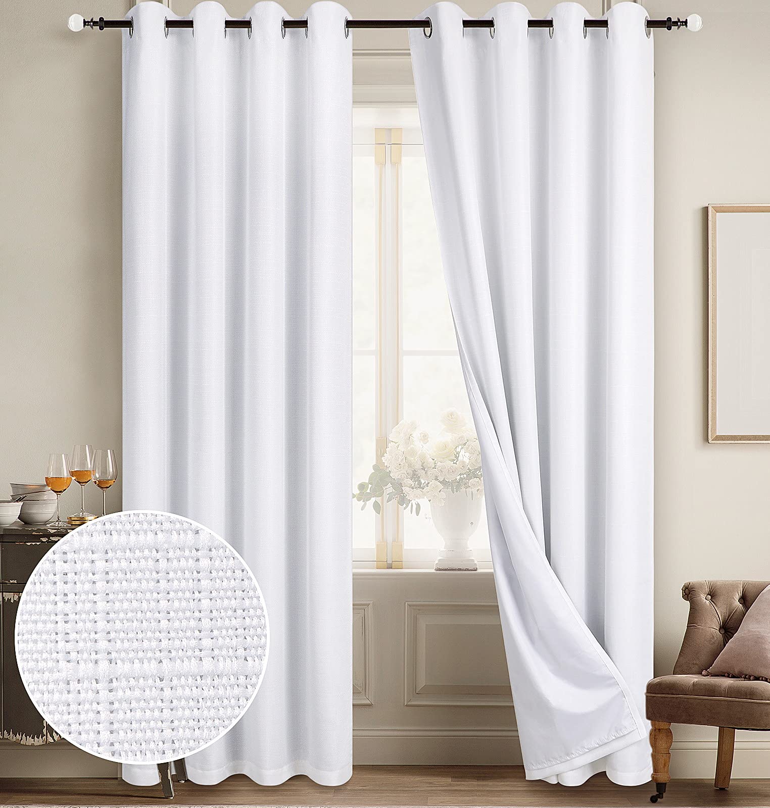 Photo 1 of Diraysid 100% Blackout Curtains White Linen Curtains for Bedroom Grommet Thermal Insulated Room Darkening Drapes (2 Panels, W52 x L95 Inch)