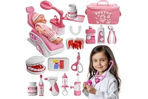Toy Doctor Kit for Toddlers, Kids Dentist Play Set with Dentist Chair, Doll Toy, Stethoscope, Large Carrying Storage Bag, Den