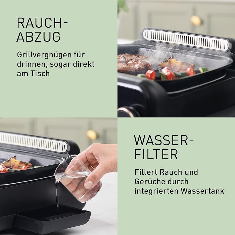 NF-GM400 4-in-1 Elektro-Multikocher, Elektro Tischgrill, Braten, Slow Cook, BBQ, Dämpfen, Sautieren, 1400W, 40–250°C, 9 Auto-Modi, 4 Antihaftplatten, Rauchabsaugung, Schwarz