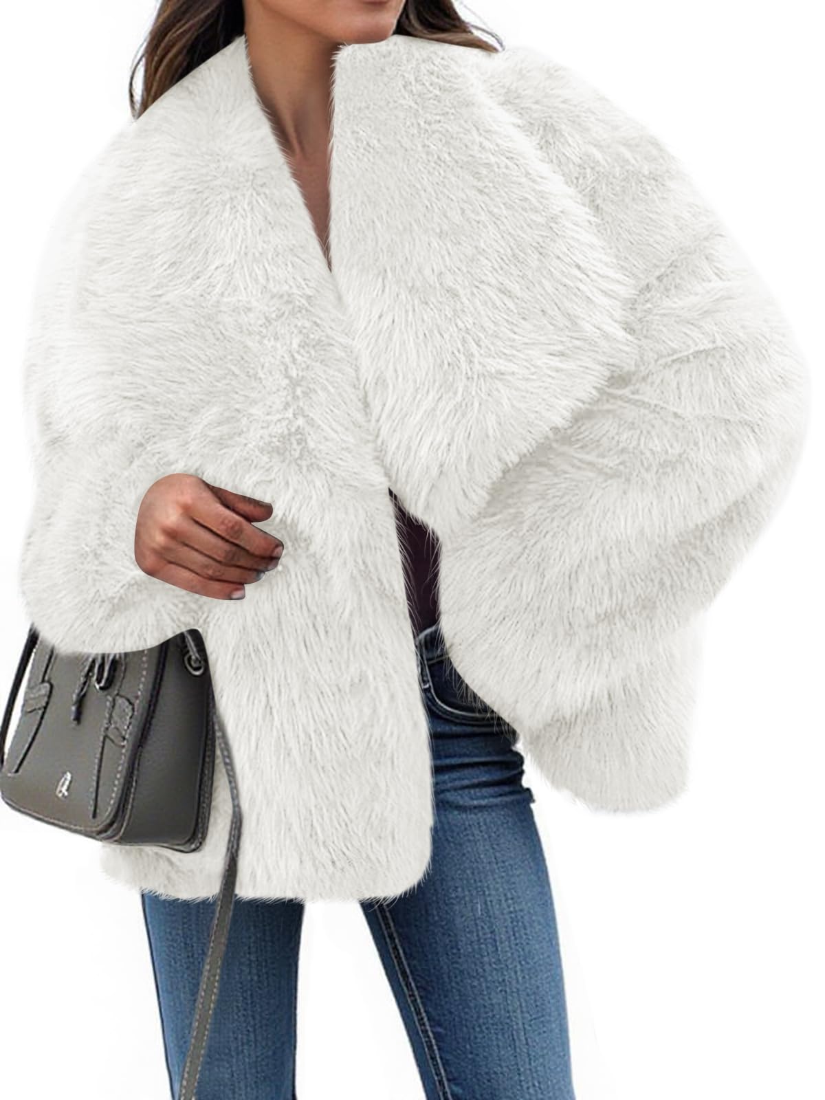 Photo 1 of Tankaneo Womens Cropped Faux Fur Jackets Winter Long Sleeve Open Front Warm Shaggy Coats