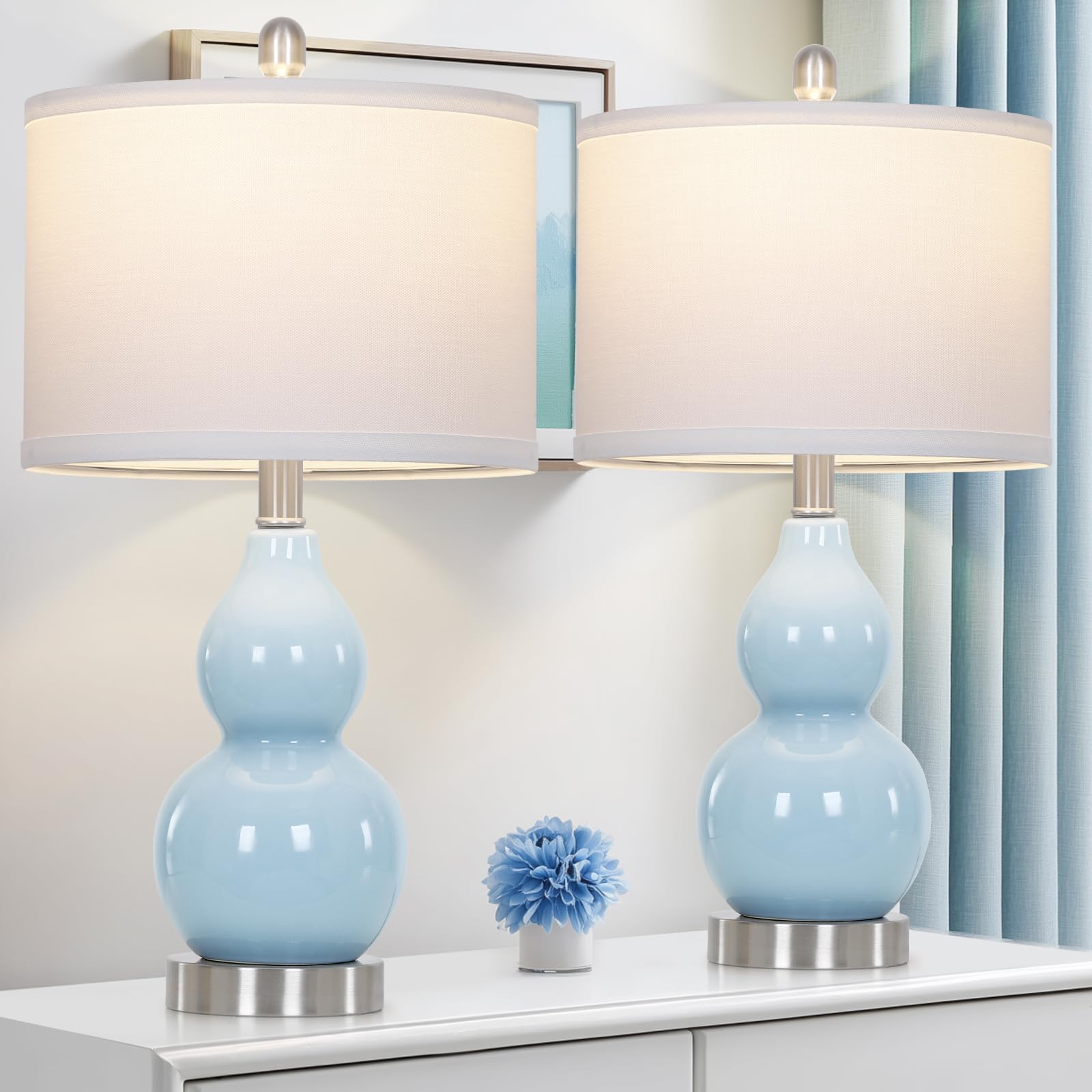 Photo 1 of 22" Double Gourd Ceramic Table Lamps Set of 2, Blue Modern Bedside Lamps for Living Room, Contemporary Nightstand Desk Lamps for Bedroom End Table Home Office Study Room Decor(2 LED Bulbs Included)