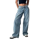 Mxiqqpltky Low Rise Jeans for Women Mom Jeans Wide Straight Leg Baggy Jeans Y2k Vintage Boyfriend Denim Pants Streetwear