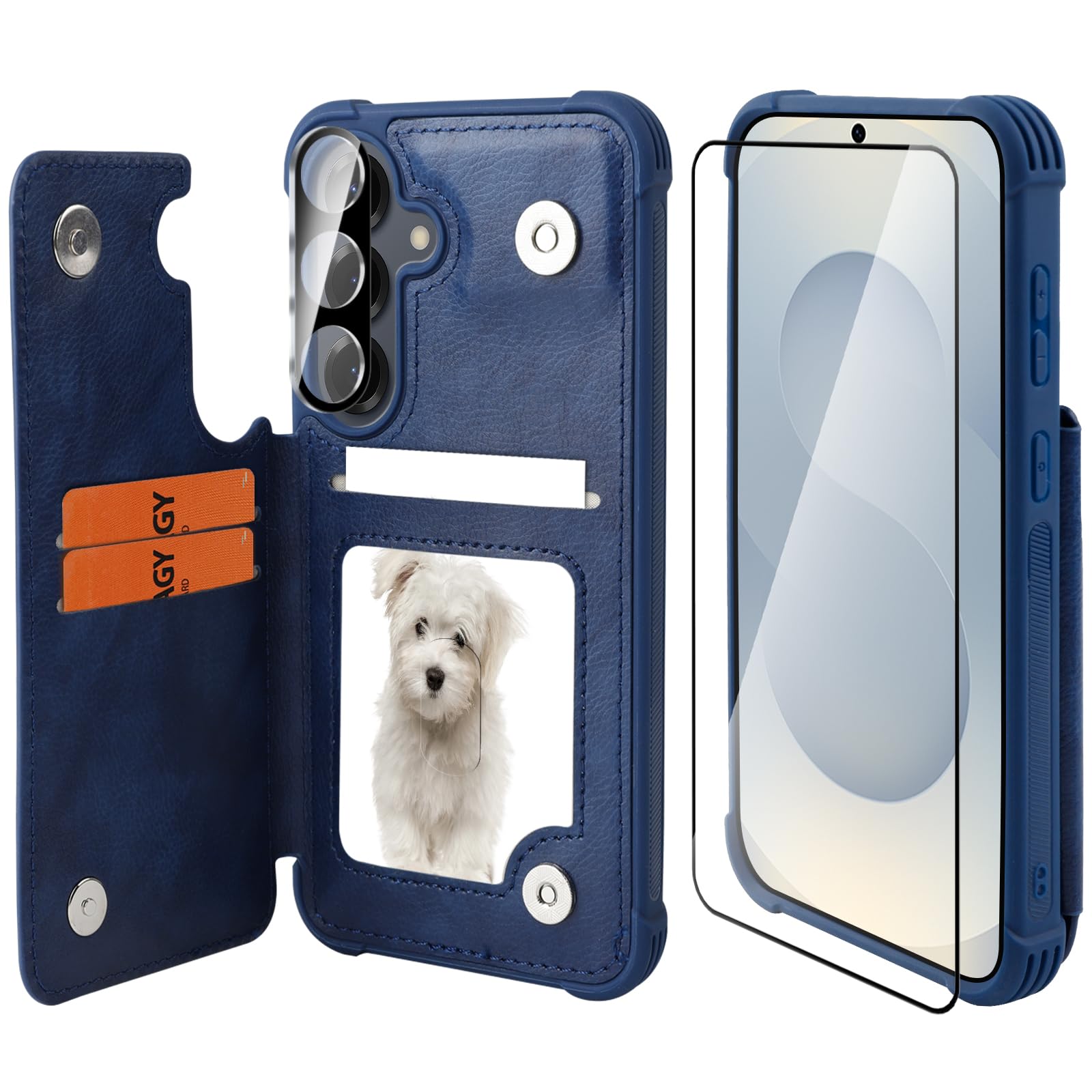 Photo 1 of VANAVAGY Wallet Case Compatible for Galaxy S25 for Women Men, PU Leather Phone Cover with Magnetic Clasp Kickstand Shockproof Case with RFID Blocking Card Holder for S25 6.2 inch, Navy Blue