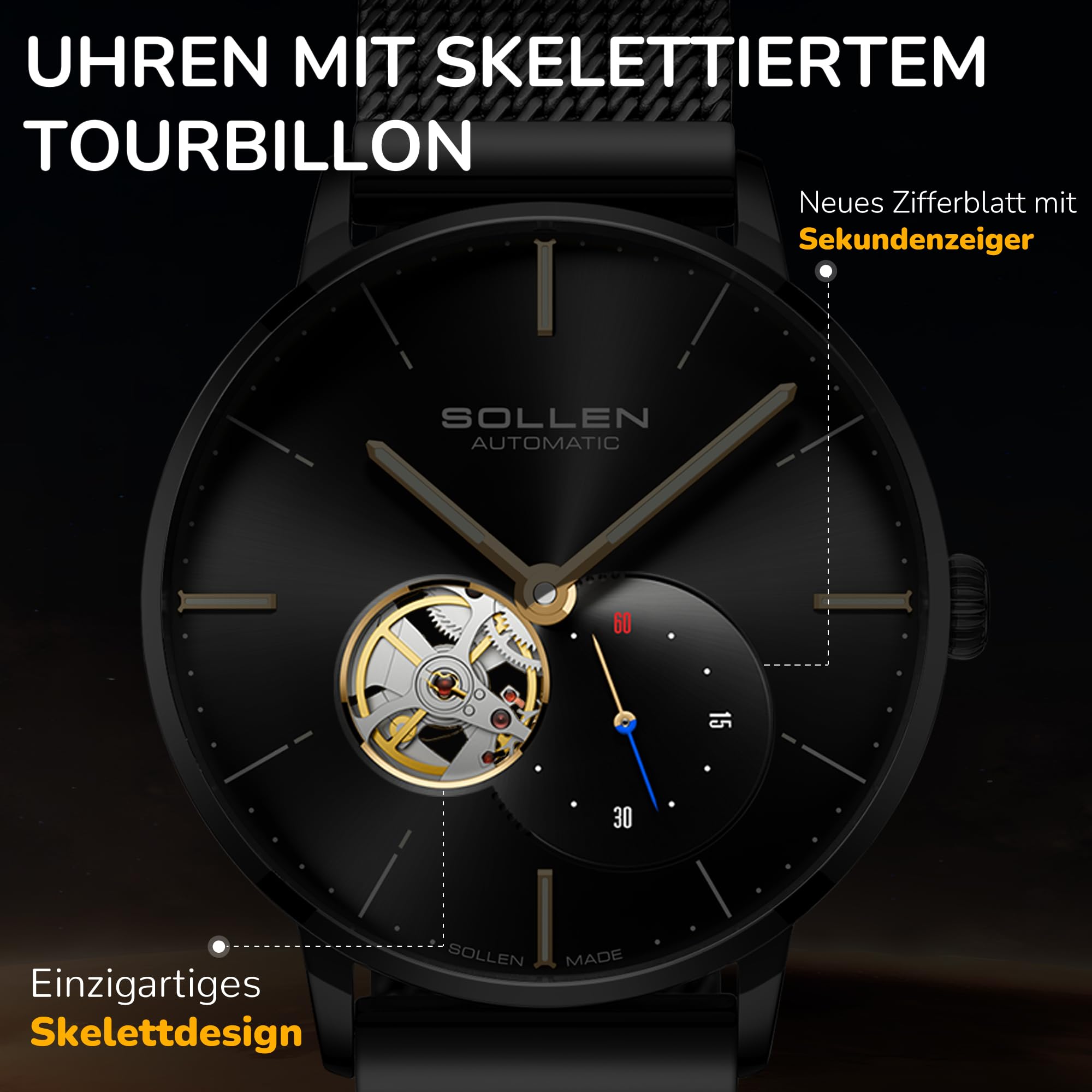 SOLLEN Automatikuhren Herren mit Skelettzifferblatt,Automatische Herrenuhren,Originales Mechanisches Uhrwerk,Leuchtend Selbstaufzug Herrenuhr mit Sekundenzeiger,Armbanduhren als Geschenk für Männer 4