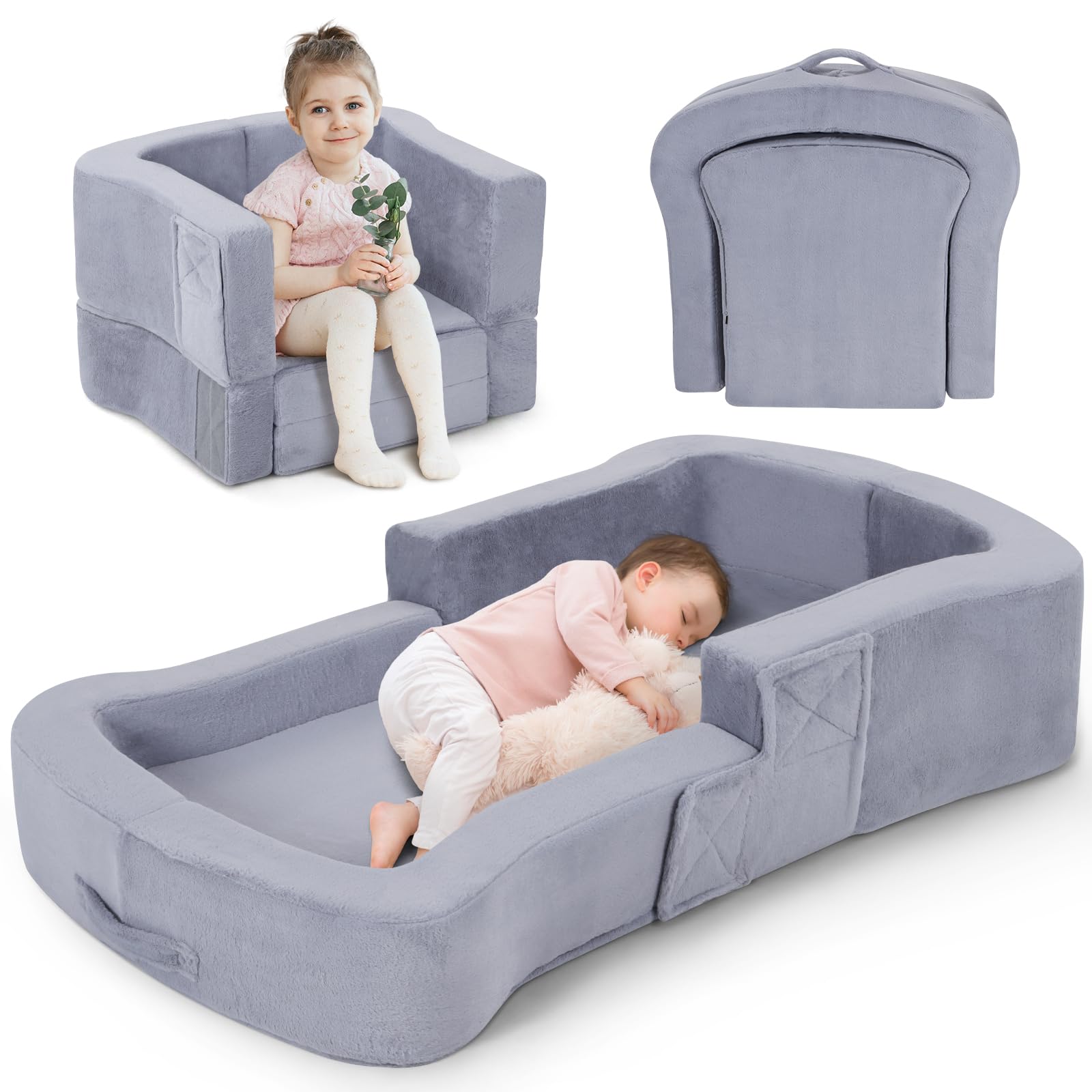 Photo 1 of whiffee Toddler Travel Bed, 2-in-1 Foldable Portable Toddler Bed Sofa Chair, Soft Baby Kids Travel Floor Cot with Washable Covers Safety Foam Raised Bumper for Camping Hotel Sleeping (Grey)
