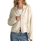 Yimoon Zip Up Cardigan for Women Chunky Knit Cropped Cardigans Long Sleeve Mock Neck Ribbed Sweater with Pockets